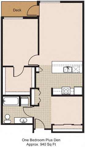 Floor plan for 1 bed, 1 bath, 940 sqft